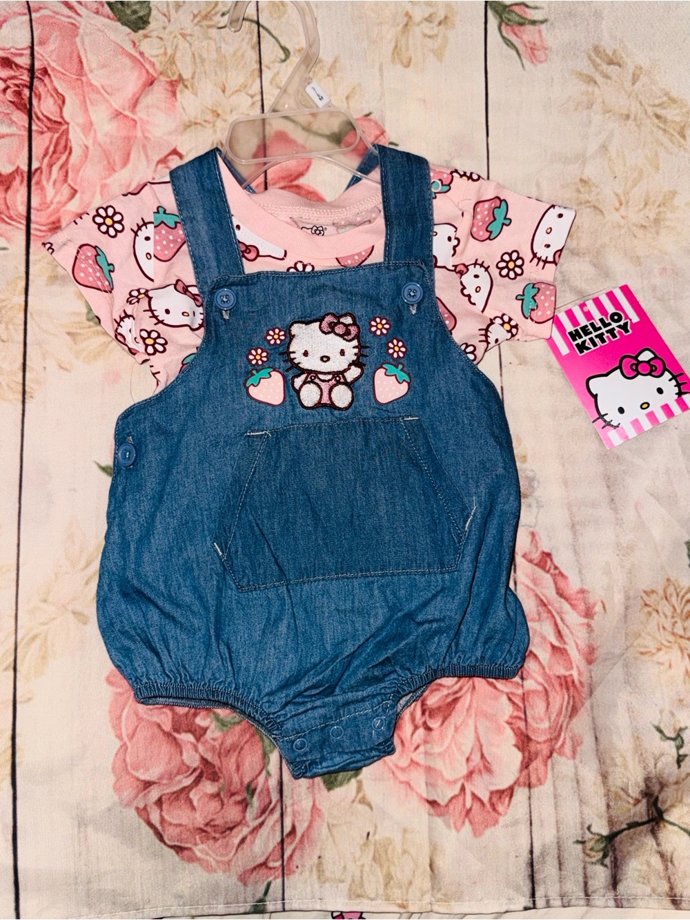 Hello Kitty Baby Girl Clothes 2 Pc Set Romper Overall Embroidered 3/6 Months NWT